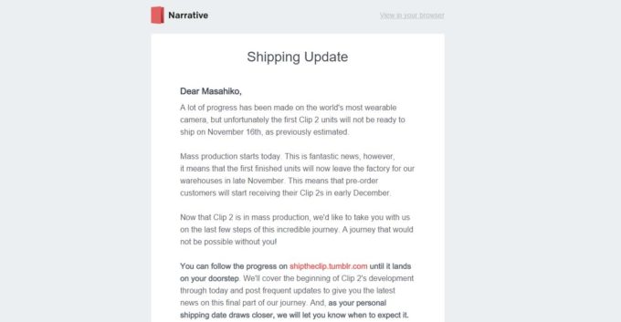 Narrative Clip 2 Shipping Update